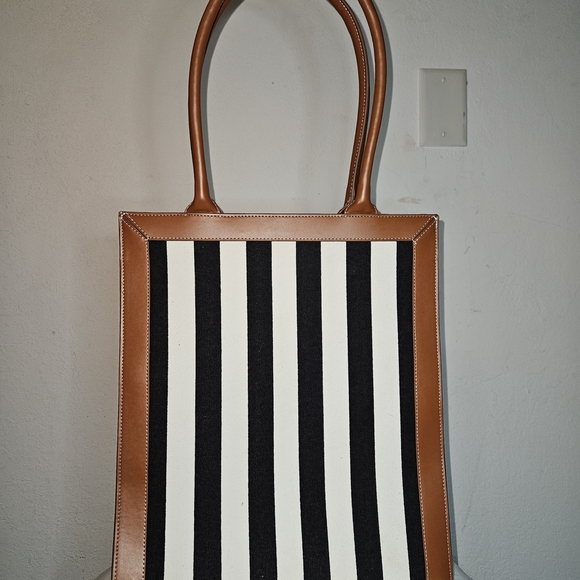 Striped Canvas Tote with Tan Leather Trim - Picture 2 of 4